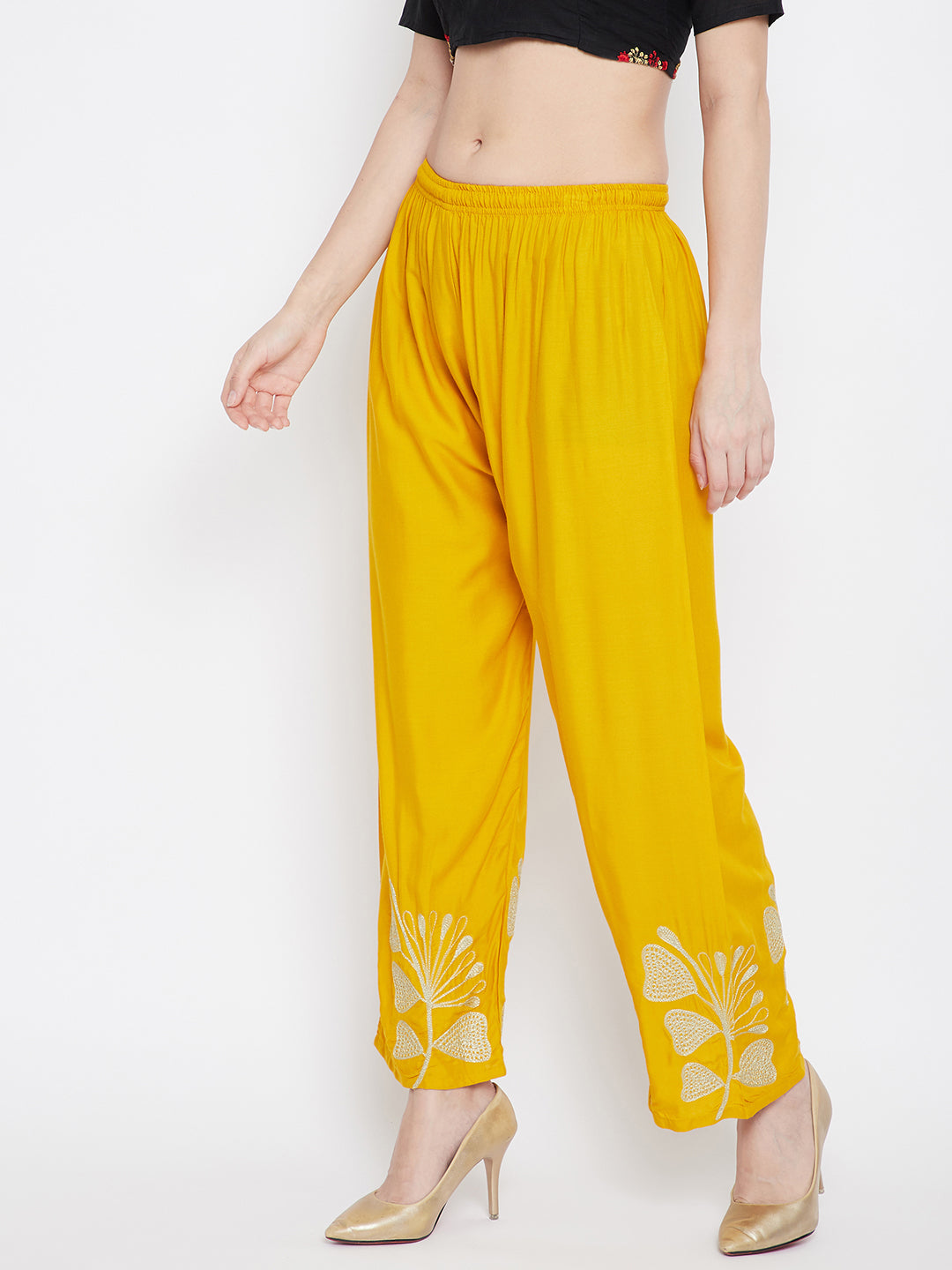 Mustard embroidered straight palazzo with floral detail.