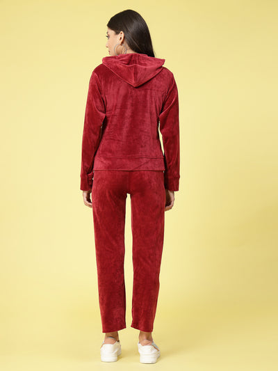 Women solid hooded velvet co-ord set with long sleeves and elasticated waistband.