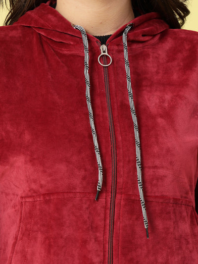 Women solid hooded velvet co-ord set with zip closure and drawstring.