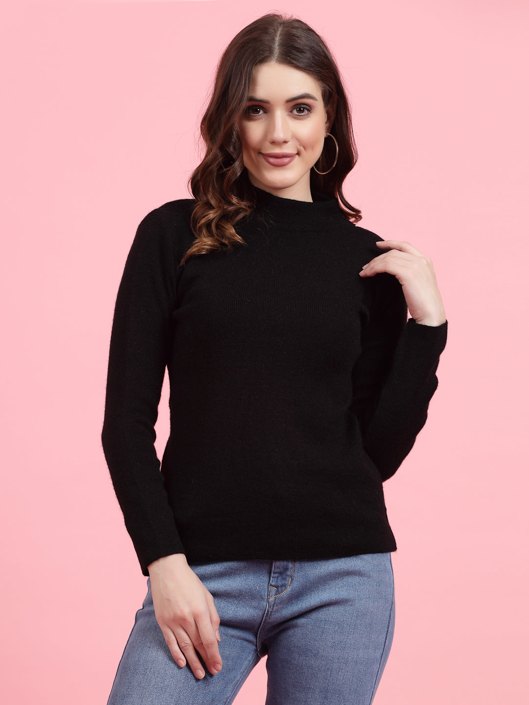 Black Solid Highneck Full Sleeve Woolen Casual Top