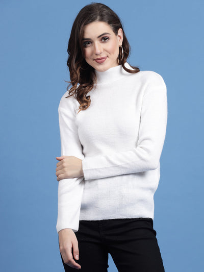 White solid highneck full sleeve woolen casual top with soft, premium-quality wool.