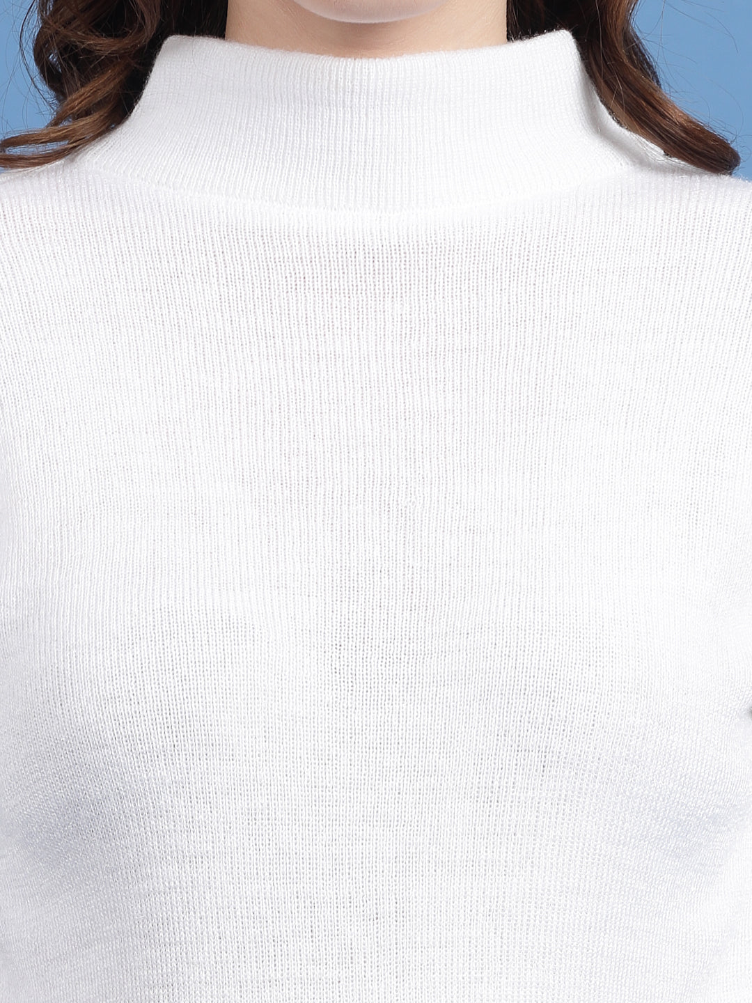 White solid highneck full sleeve woolen casual top.