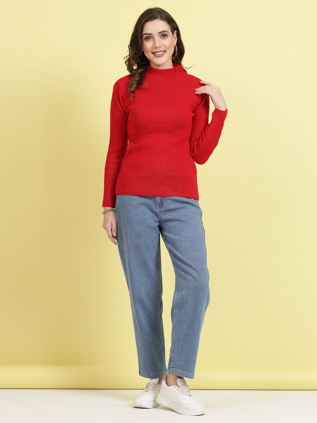 Red solid highneck full sleeve woolen casual top for women.