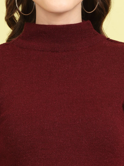 Maroon solid highneck full sleeve woolen casual top by Clora Creation.