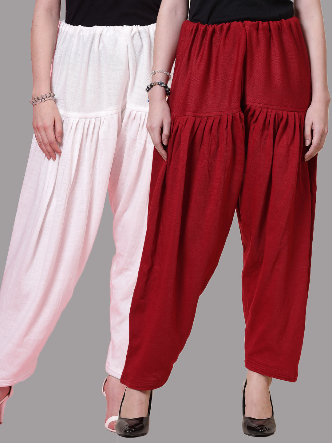 White & maroon solid woolen salwar pack of 2 with drawstring closure.