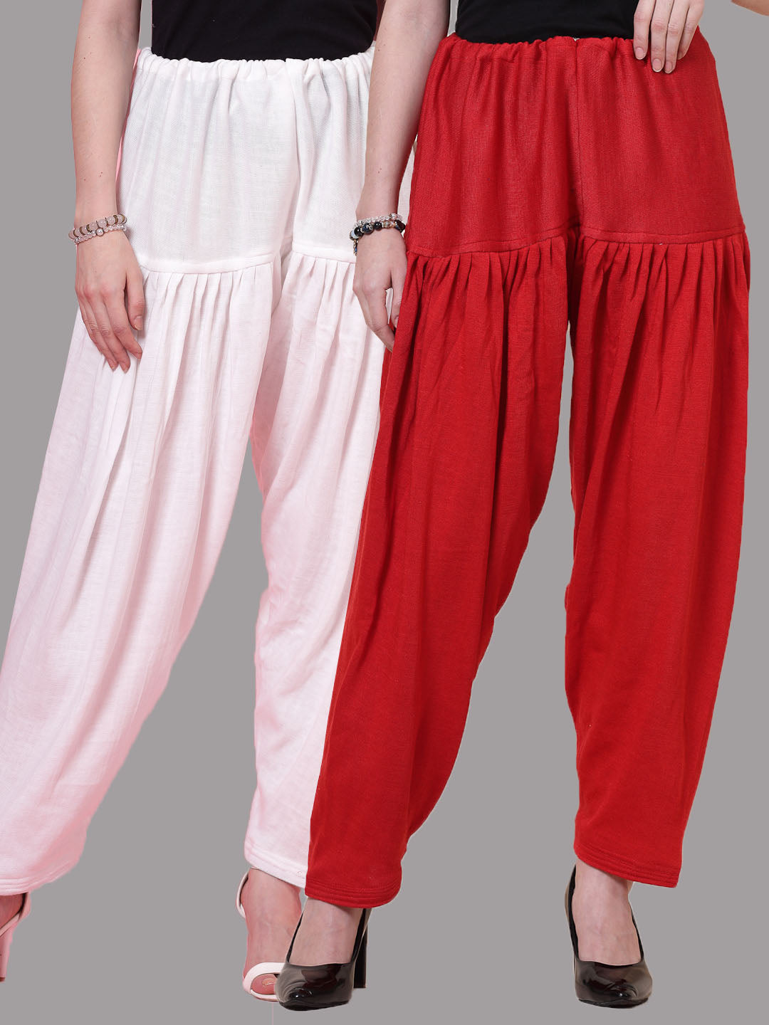 White and red solid woolen salwar, pack of 2, loose-fit with drawstring closure.