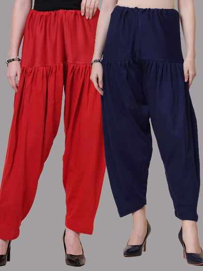 Red and navy blue solid woolen salwar pack of 2 with loose-fit semi Patiala style and drawstring closure.