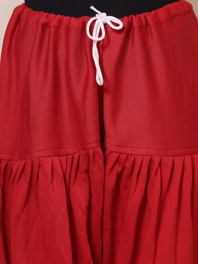 Red woolen loose-fit semi Patiala salwar with drawstring closure.