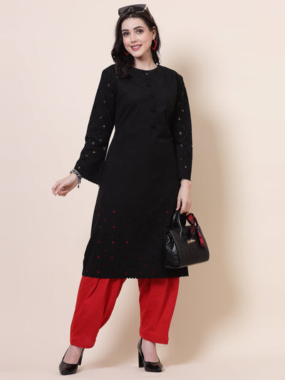 Red and grey solid woolen salwar pack, loose-fit semi patiala with drawstring closure.