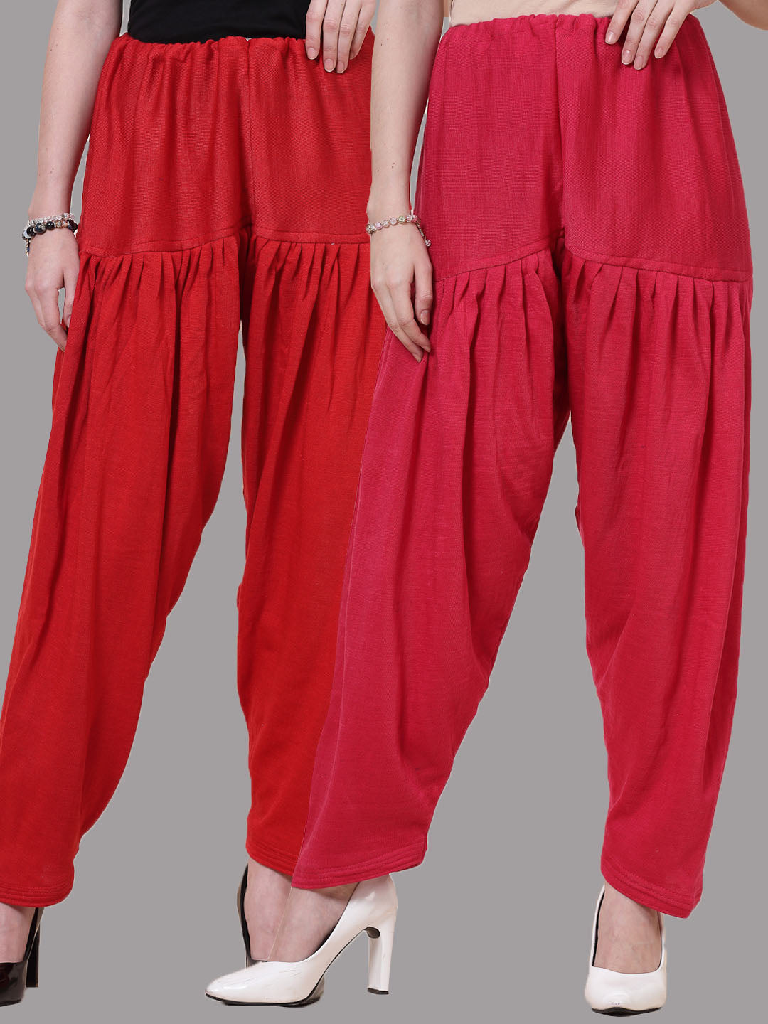 Red and magenta solid woolen salwar pack of 2 with drawstring closure.