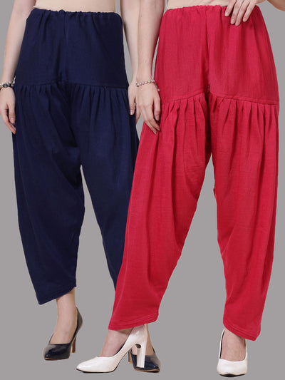 Navy blue and magenta woolen salwar pack of two with drawstring closure.