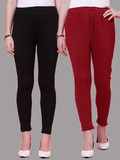 Black & Maroon Solid Woolen Leggings (Pack of 2)