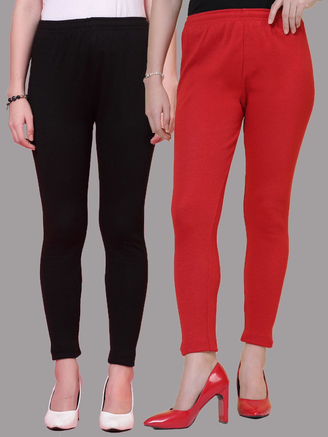 Black and red solid woolen leggings pack with elastic waistband and drawstring closure.