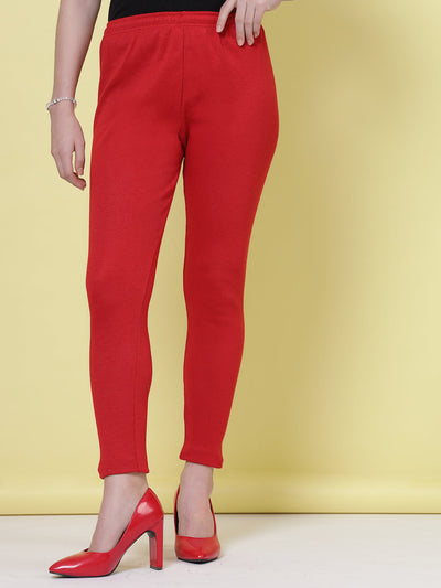 Black and red solid woolen leggings with elasticated waistband and drawstring.