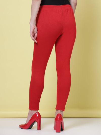 Black and red solid woolen leggings with elasticated waistband and drawstring closure.