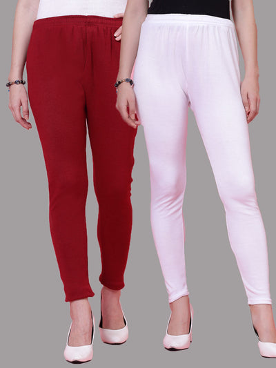 Maroon & White Solid Woolen Leggings (Pack of 2)