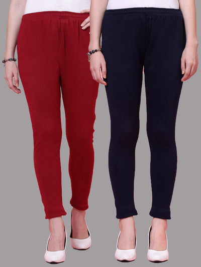 Maroon & Navy Blue Solid Woolen Leggings (Pack of 2)