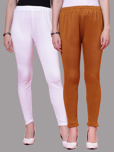 White and mustard solid woolen leggings pack of two with elasticated waistband and drawstring closure.