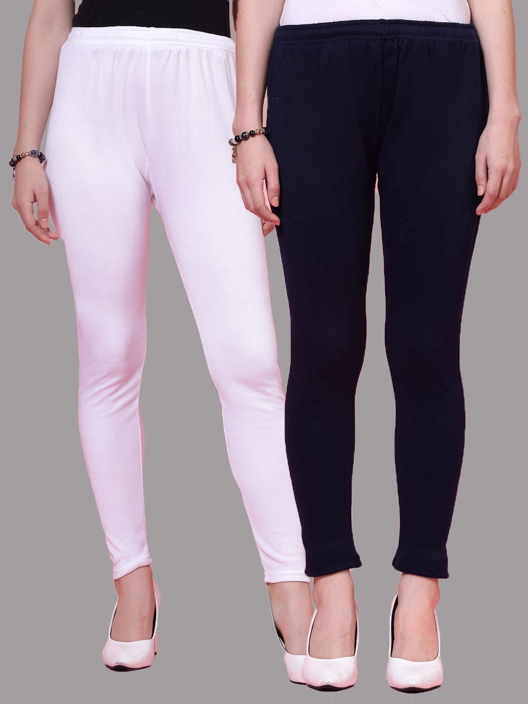 White and navy blue solid woolen leggings pack with elasticated waistband and drawstring.