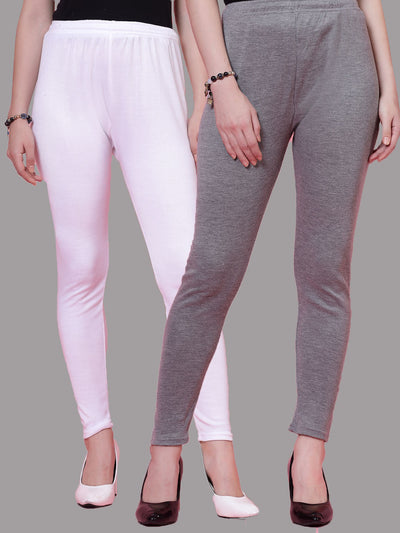 White and grey solid woolen leggings pack with elasticated waistband and drawstring closure.