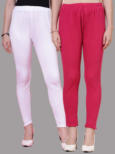 White and magenta solid woolen leggings with elastic waistband and drawstring closure.