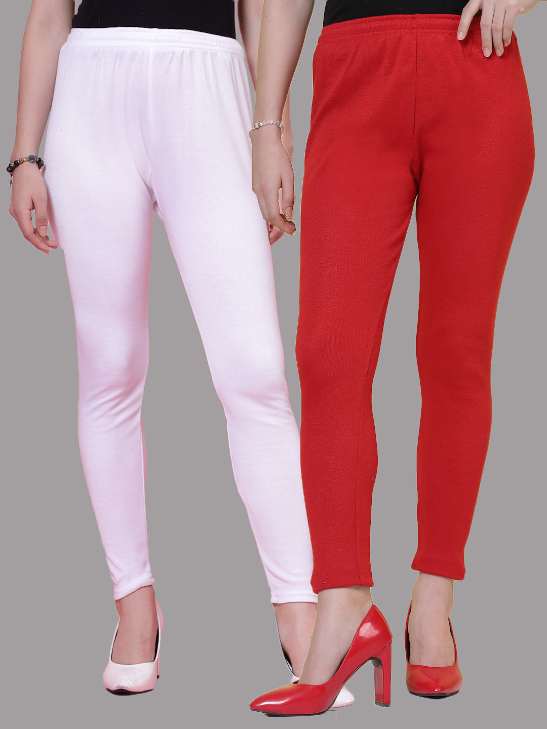 White & Red Solid Woolen Leggings (Pack of 2)