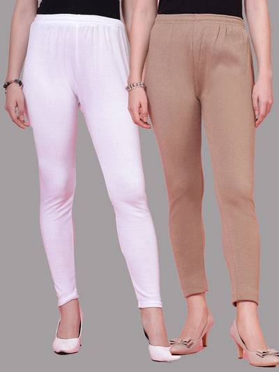 White and Dark Fawn solid woolen leggings pack of 2 with elasticated waistband and drawstring closure.