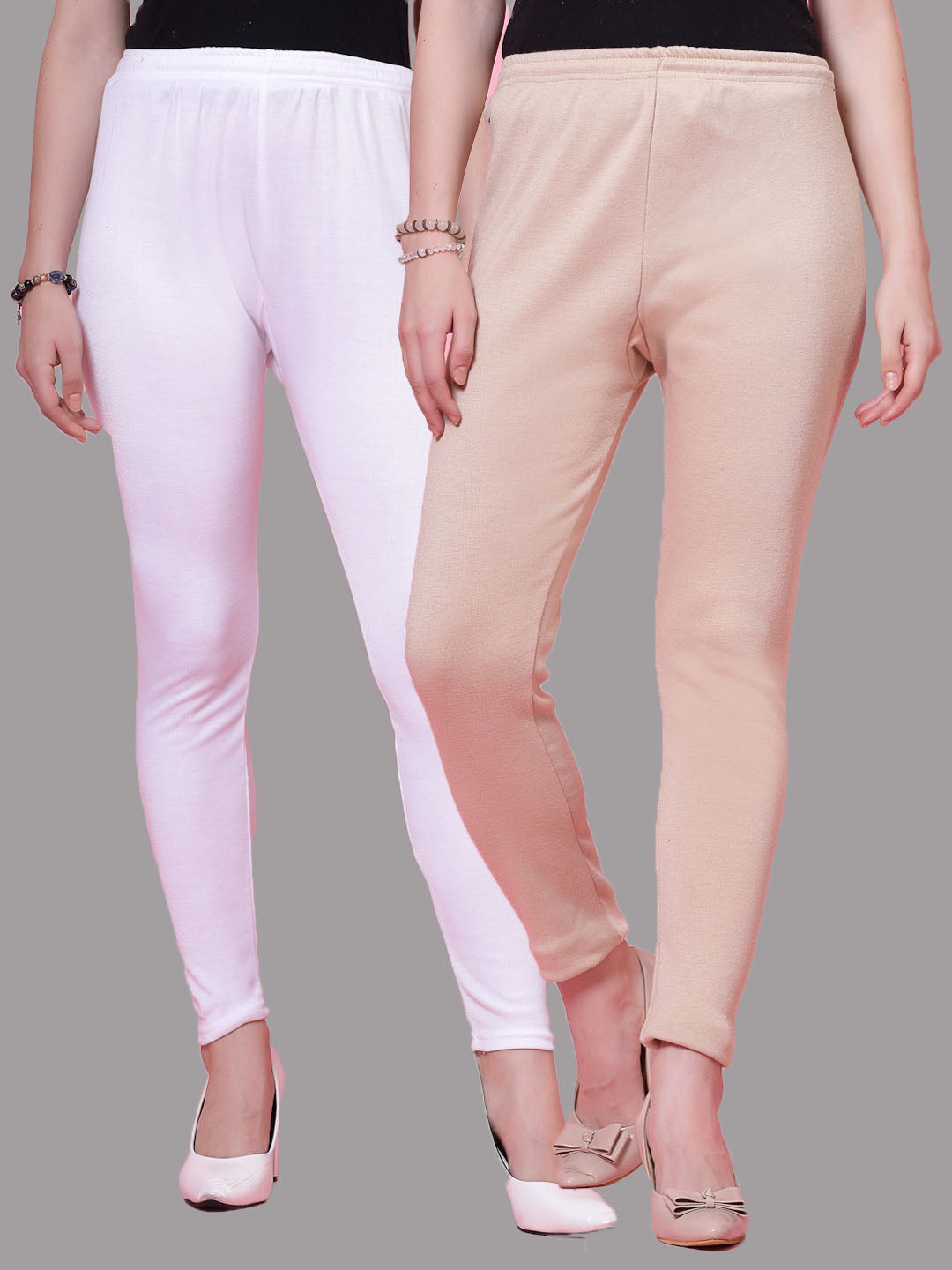 White and light fawn solid woolen leggings pack of two with elasticated waistband and drawstring closure.