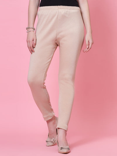 White and light fawn solid woolen leggings with elasticated waistband and drawstring closure.