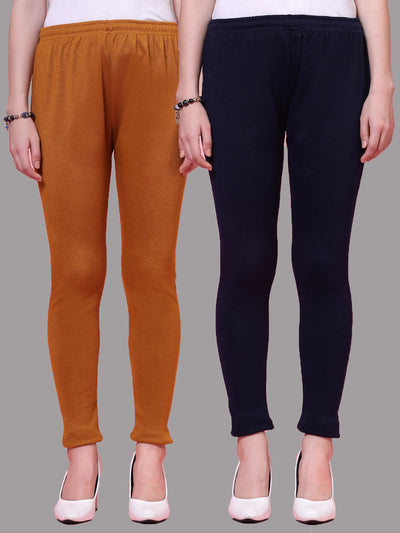 Mustard and navy blue solid woolen leggings pack with elastic waistband and drawstring closure.