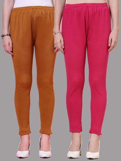 Mustard and magenta solid woolen leggings with elasticated waistband and drawstring closure, pack of 2.