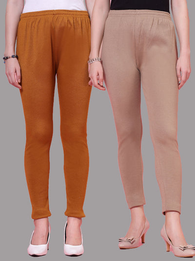 Mustard and dark fawn solid woolen leggings pack with elasticated waistband and drawstring closure.