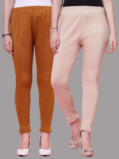 Mustard and light fawn solid woolen leggings pack with elasticated waistband and drawstring closure.