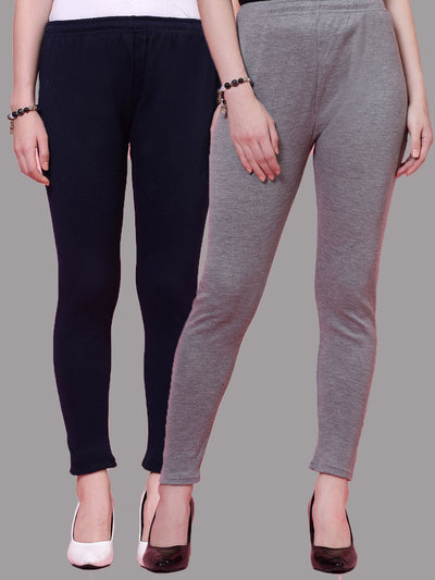 Navy blue and grey solid woolen leggings pack with elasticated waistband and drawstring closure.