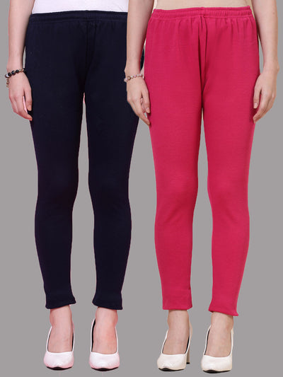 Navy Blue and Magenta solid woolen leggings pack with elastic waistband and drawstring closure.