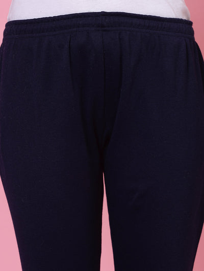 Navy blue solid woolen leggings with elasticated waistband and drawstring closure.