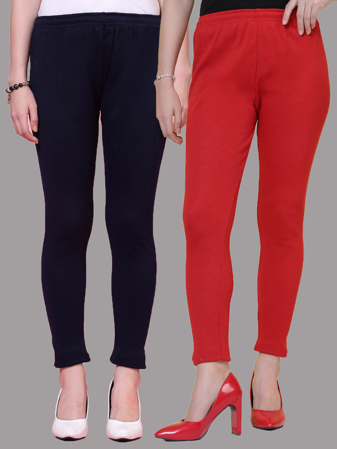 Navy Blue and Red solid woolen leggings pack with elasticated waistband.