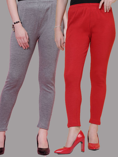 Grey & Red Solid Woolen Leggings (Pack of 2)