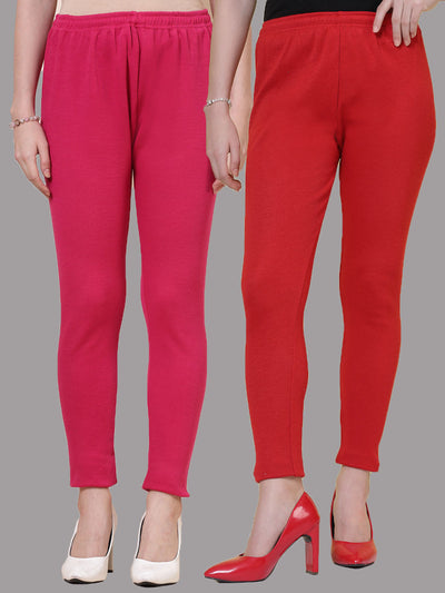 Magenta & Red Solid Woolen Leggings (Pack of 2)