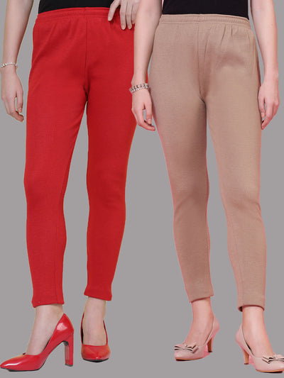 Red and dark fawn woolen leggings pack with elastic waistband and drawstring.