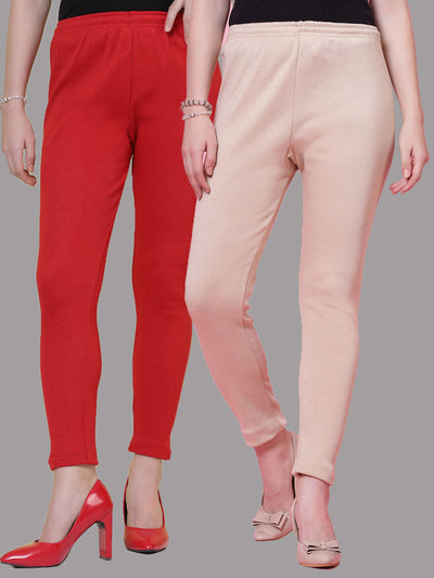 Red and light fawn solid woolen leggings pack with elasticated waistband and drawstring closure.