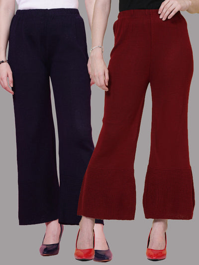 Navy Blue & Maroon Solid Woolen Palazzo Pack with Elasticated Waistband