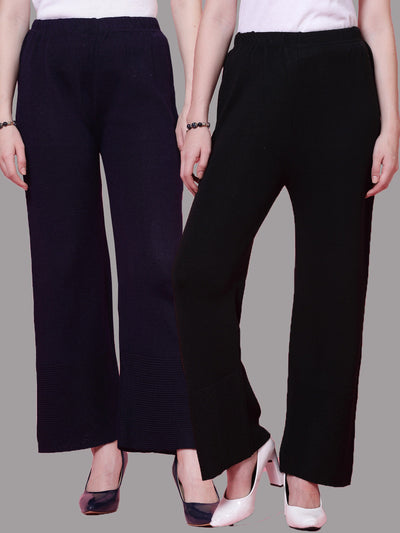 Navy blue and black solid woolen palazzo pants with elastic waistband pack of 2.