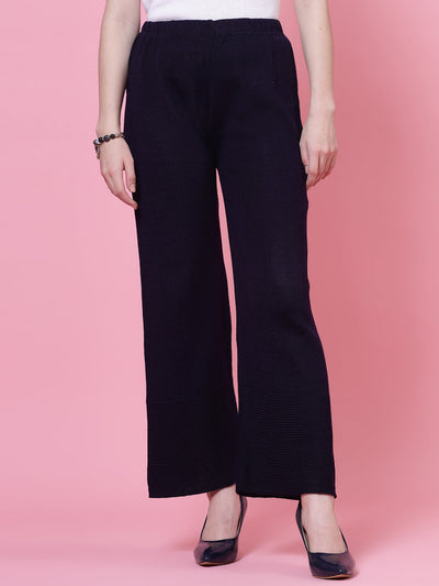 Navy blue woolen palazzo pants with elasticated waistband.