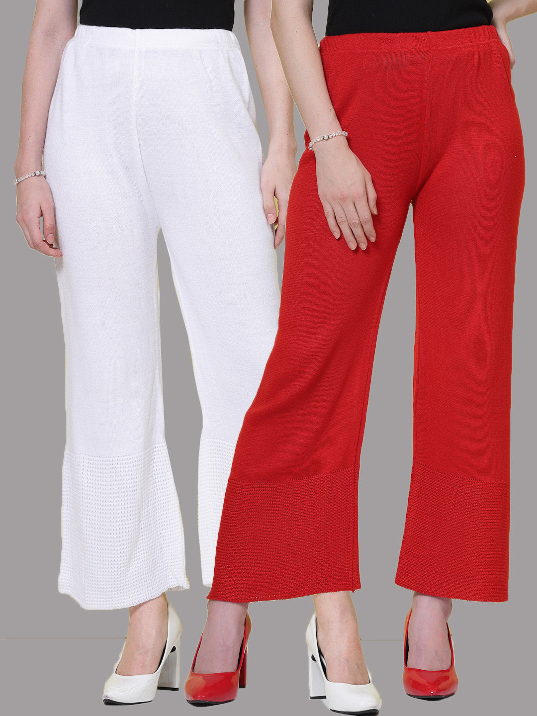 White and red solid woolen palazzo pack of 2 with elasticated waistband.