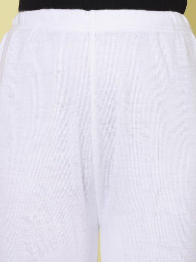 White woolen palazzo pants with elasticated waistband and slip-on closure.