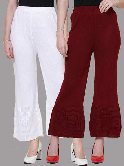 White & Maroon Solid Woolen Palazzo (Pack of 2)