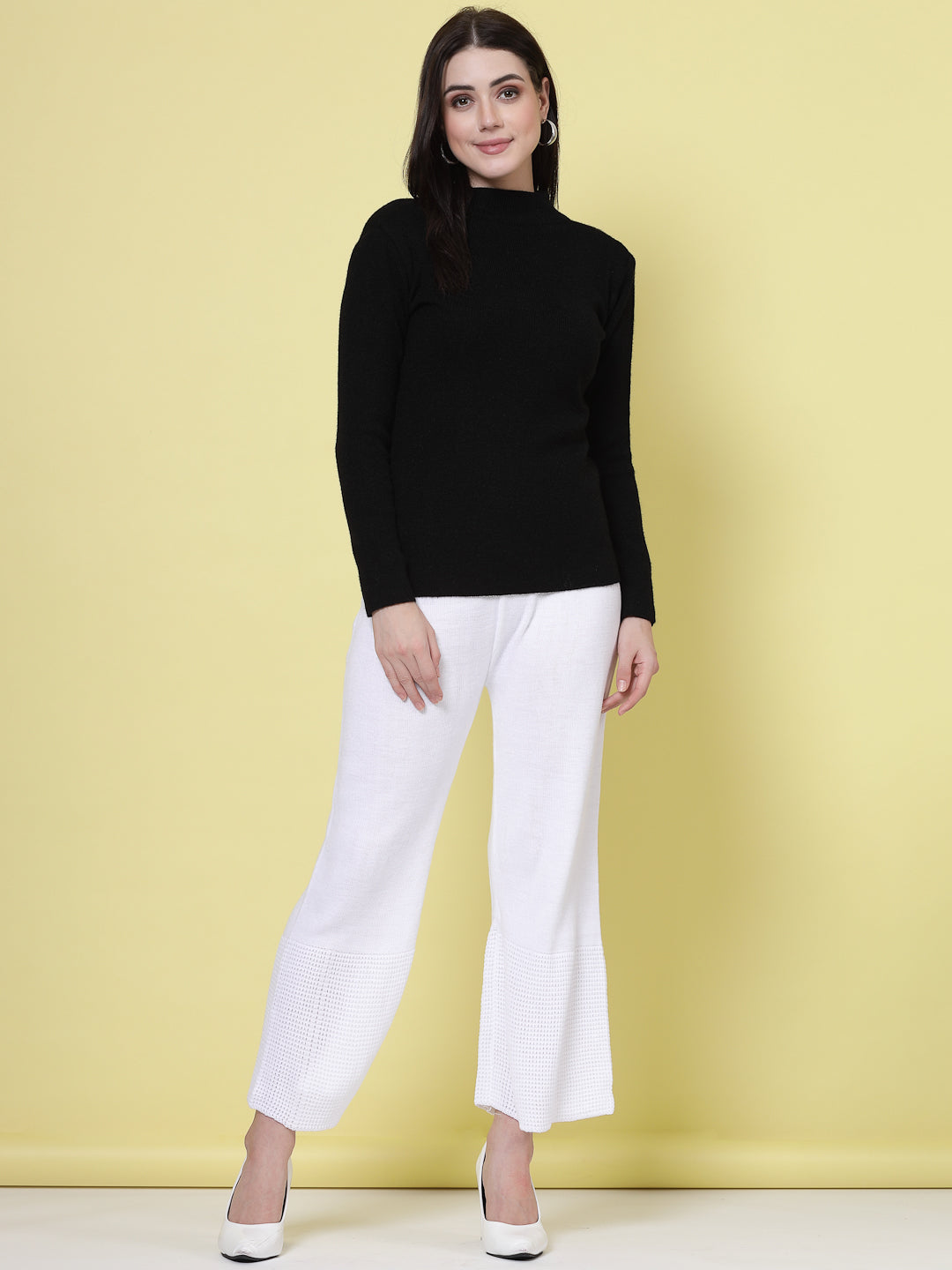 White & Black Solid Woolen Palazzo with elastic waistband.