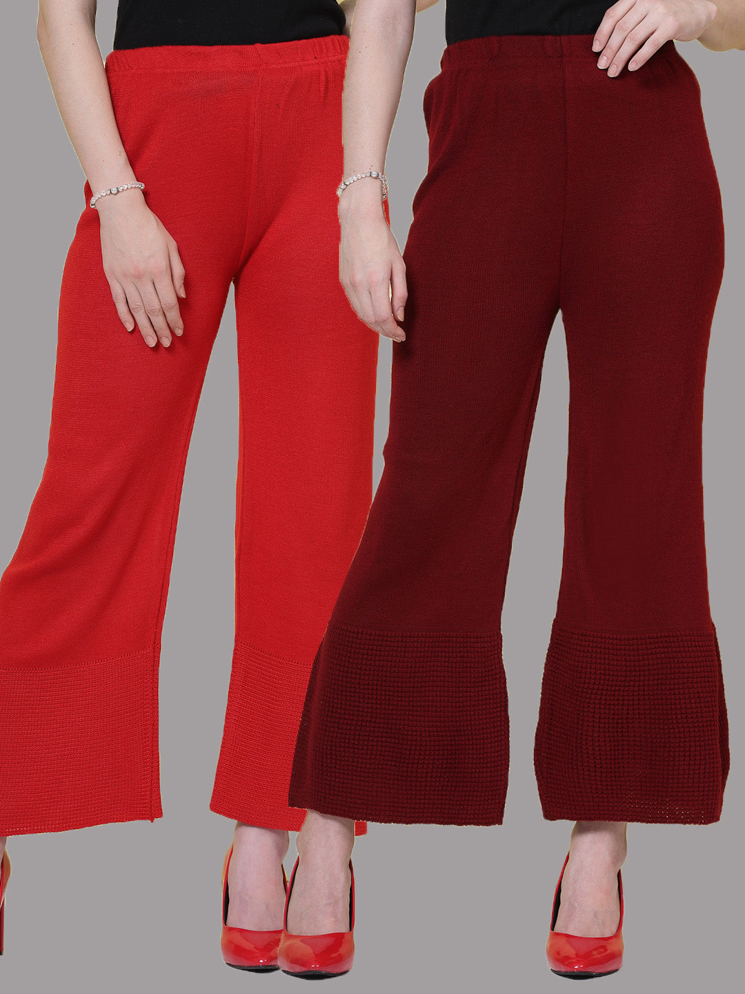 Red and maroon solid woolen palazzo pack with elastic waistband.