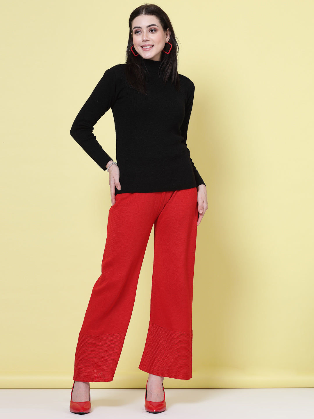 Red and maroon solid woolen palazzo with elasticated waistband.